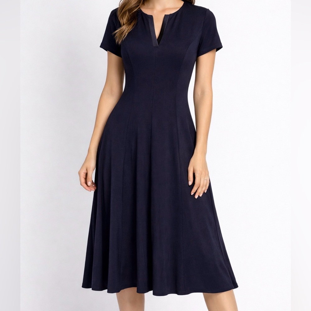 Lafayette 148 Navy Blue Preppy Quiet Luxury Midi Maxi High V neck Dress
